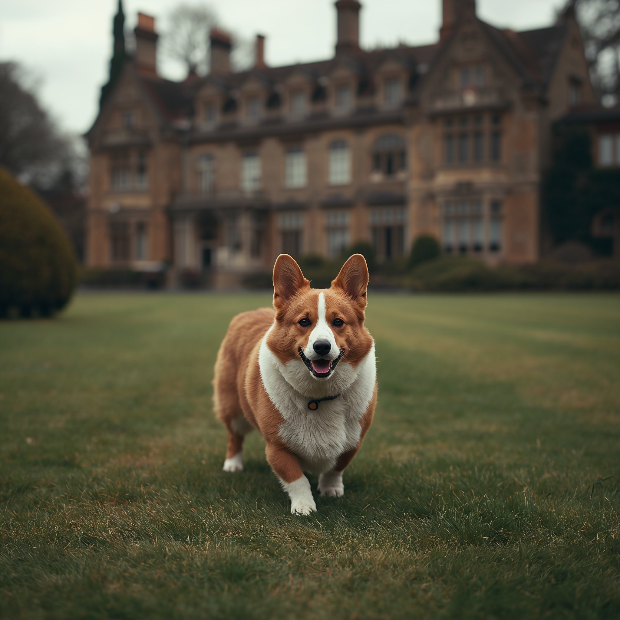 lucid-origin-a-photorealistic-pembroke-welsh-corgi-walking-confidently-through-the-grounds-of-0