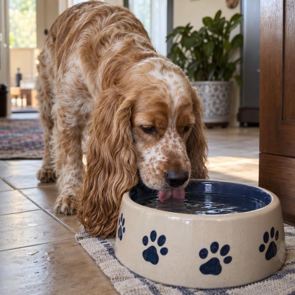 gpt-image-2.5-sunburst_A_photorealistic_English_Cocker_Spaniel_drinking_from_a_wide_water_bowl_one_long-0