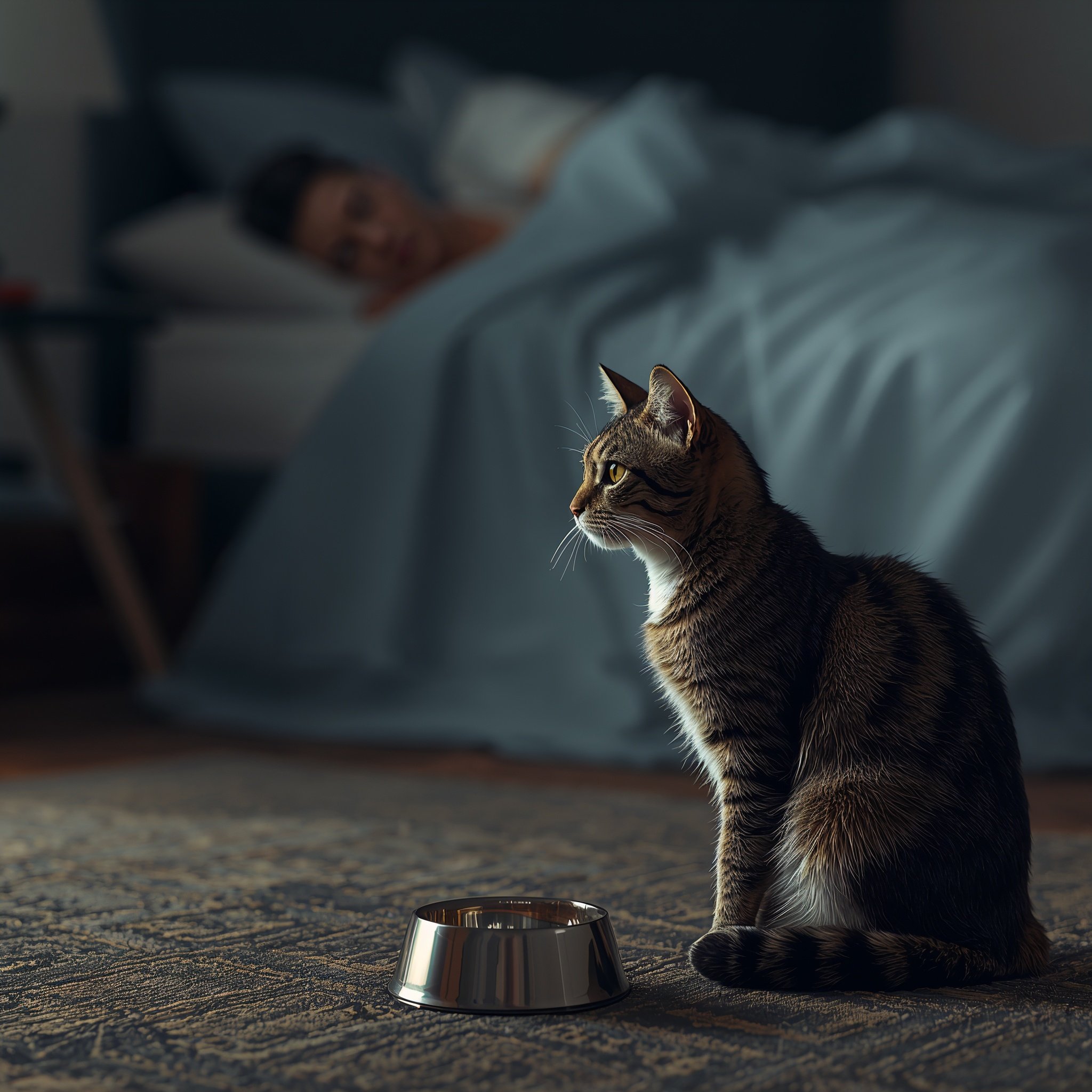 lucid-origin_A_photorealistic_domestic_cat_sitting_beside_an_empty_food_bowl_at_early_dawn_st-0