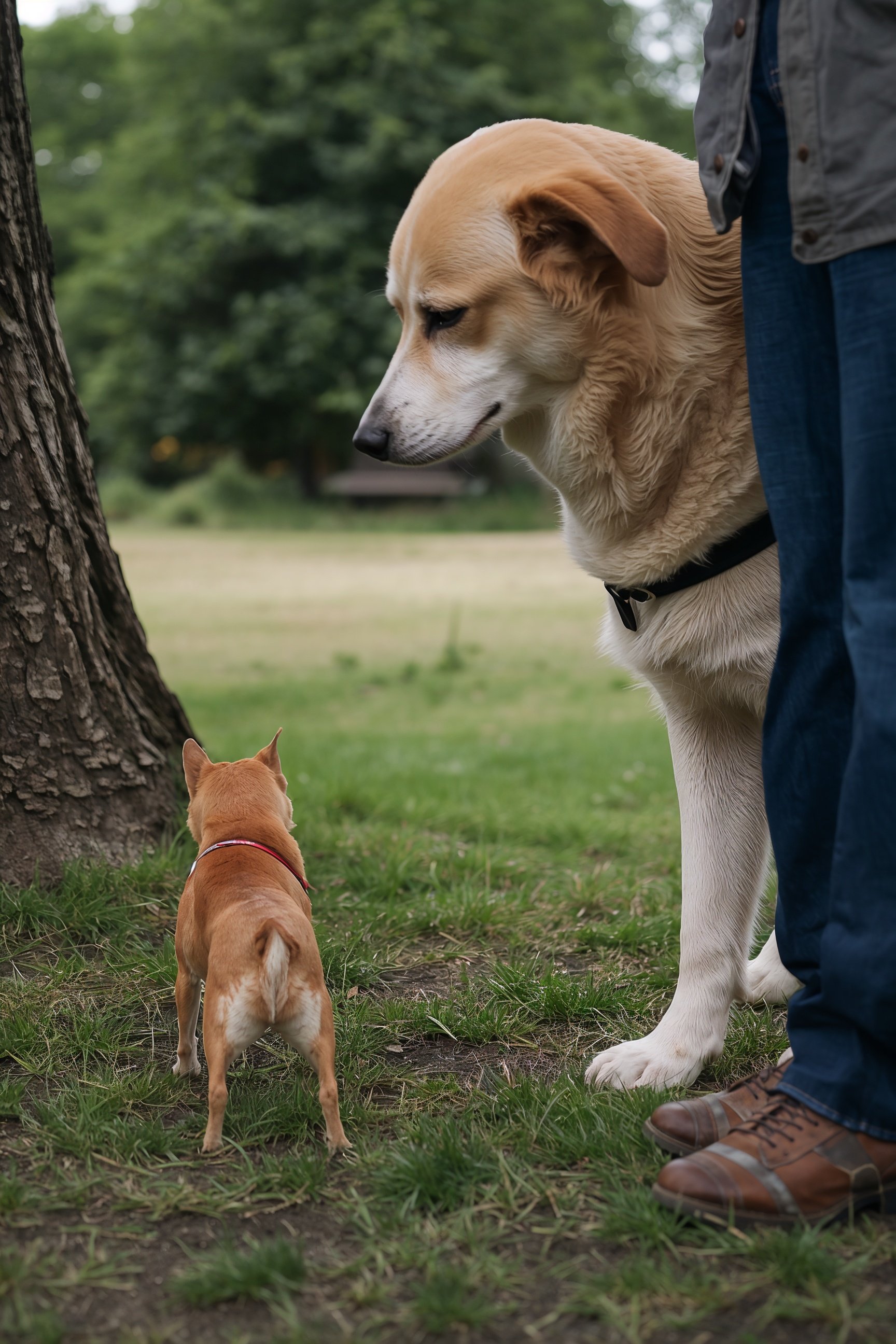 lucid-origin_A_photorealistic_tiny_Chihuahua_calmly_observing_a_large_gentle_dog_from_a_safe_-0 lucid-origin_A_photorealistic_tiny_Chihuahua_calmly_observing_a_large_gentle_dog_from_a_safe_-0