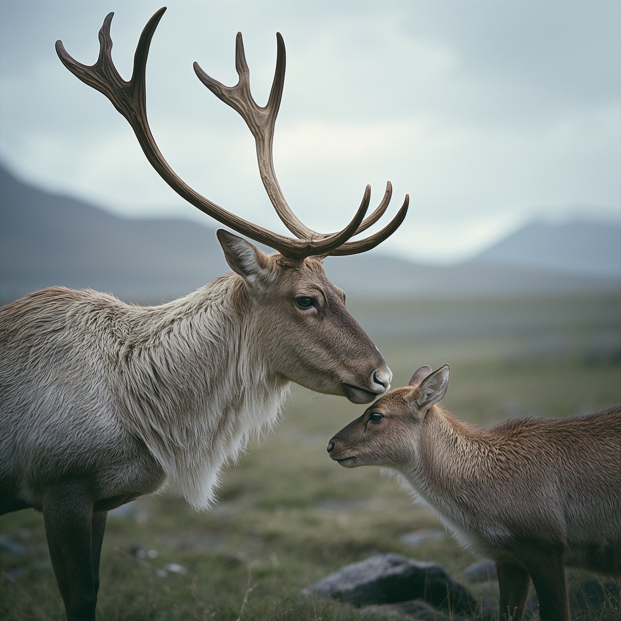 lucid-origin_A_stunning_and_vibrant_cinematic_photo_of_Female_reindeer_with_antlers_and_calf_-0