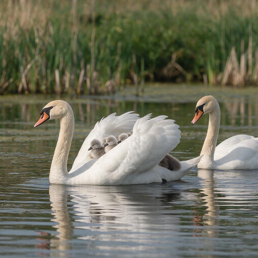 seedream-5.0-pro_A_highly_photorealistic_adult_mute_swan_swimming_calmly_with_several_small_grey_-0 seedream-5.0-pro_A_highly_photorealistic_adult_mute_swan_swimming_calmly_with_several_small_grey_-0