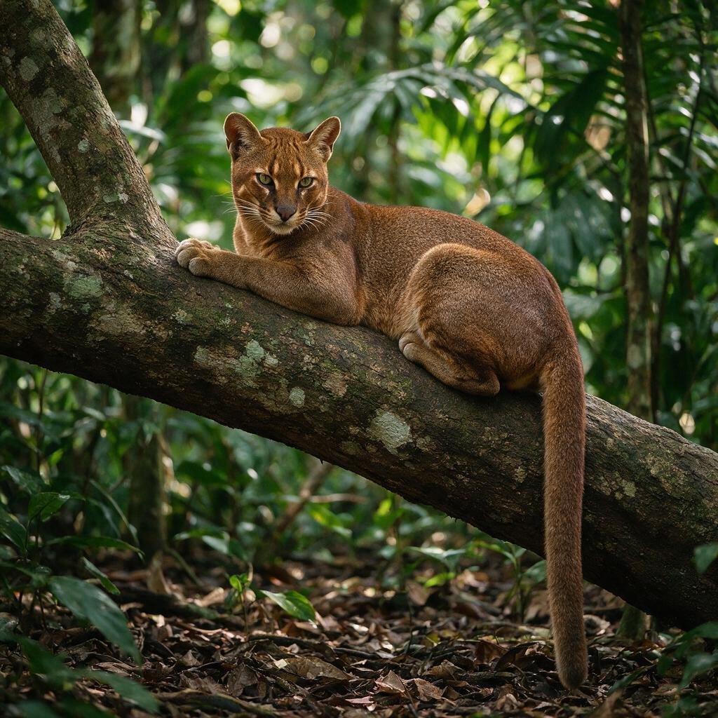 seedream-5.0-pro_A_photorealistic_African_golden_cat_resting_on_a_large_tree_branch_above_the_for-0