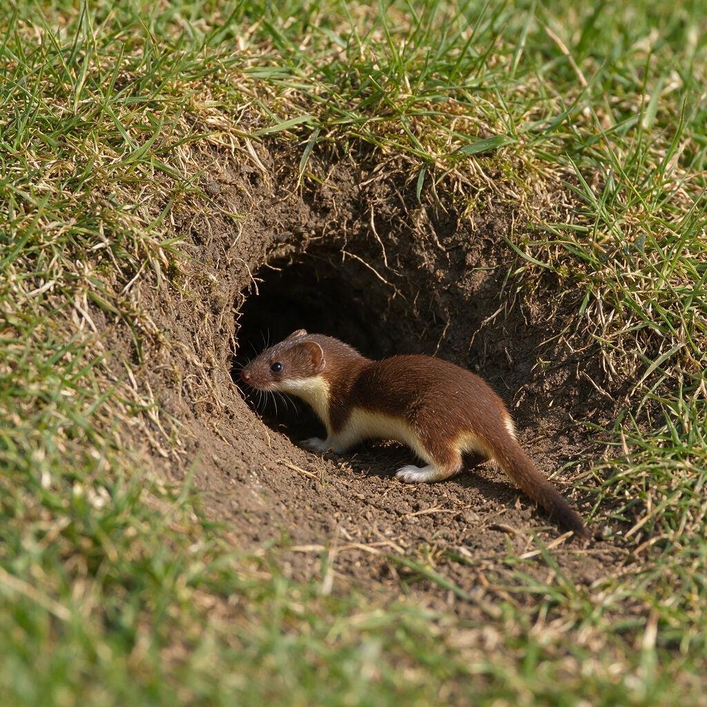 seedream-5.0-pro_A_photorealistic_least_weasel_investigating_the_entrance_of_a_small_rodent_burro-0