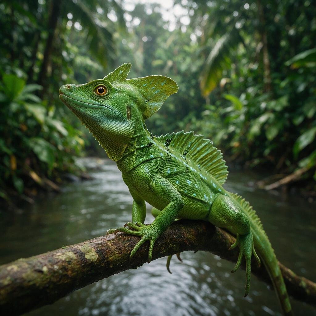 seedream-5.0-pro_Photorealistic_close-up_of_a_male_green_basilisk_lizard_perched_on_a_branch_abov-0